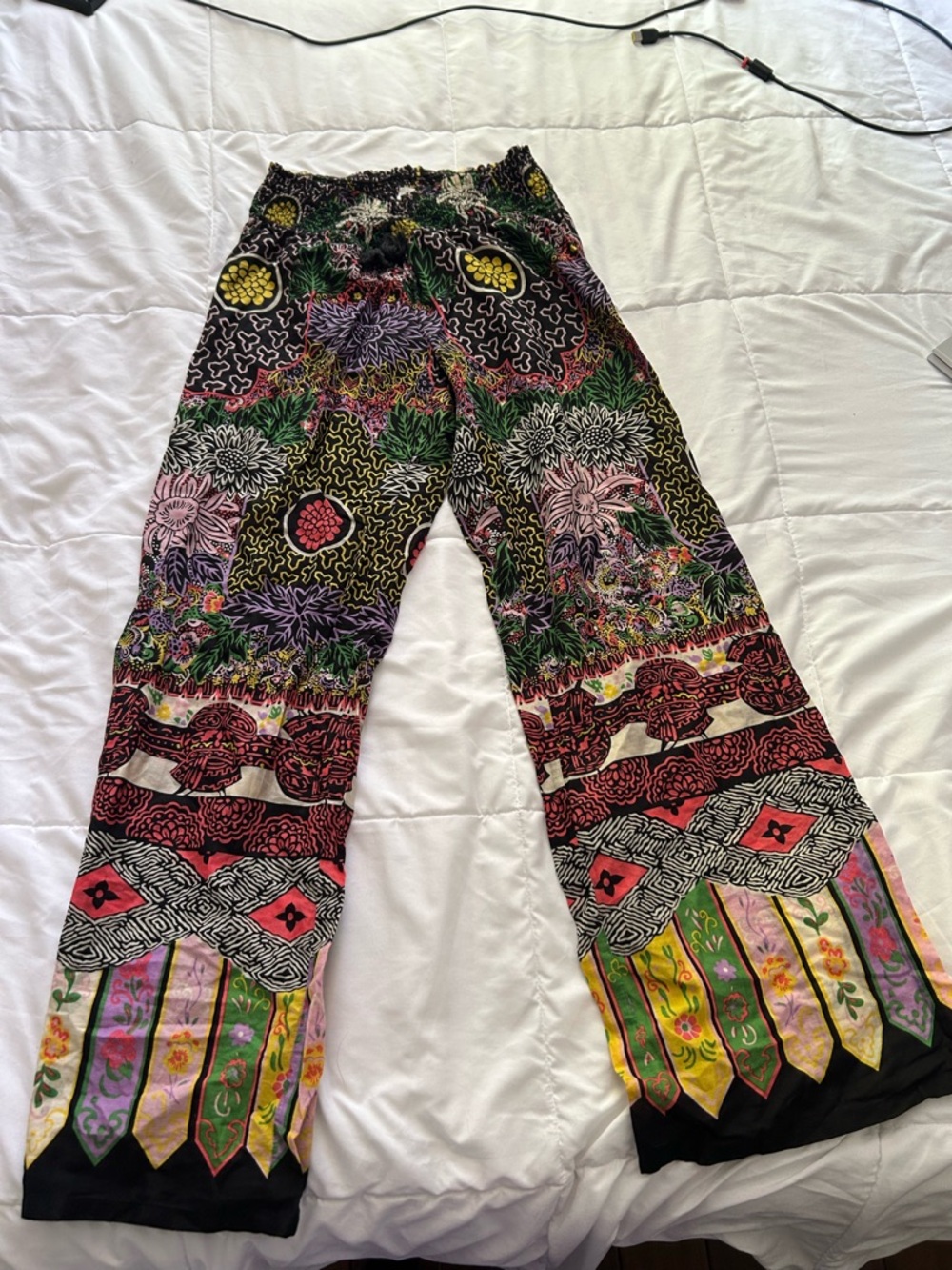 Anthropologie Black Floral Smocked-Waist Wide Leg Pants